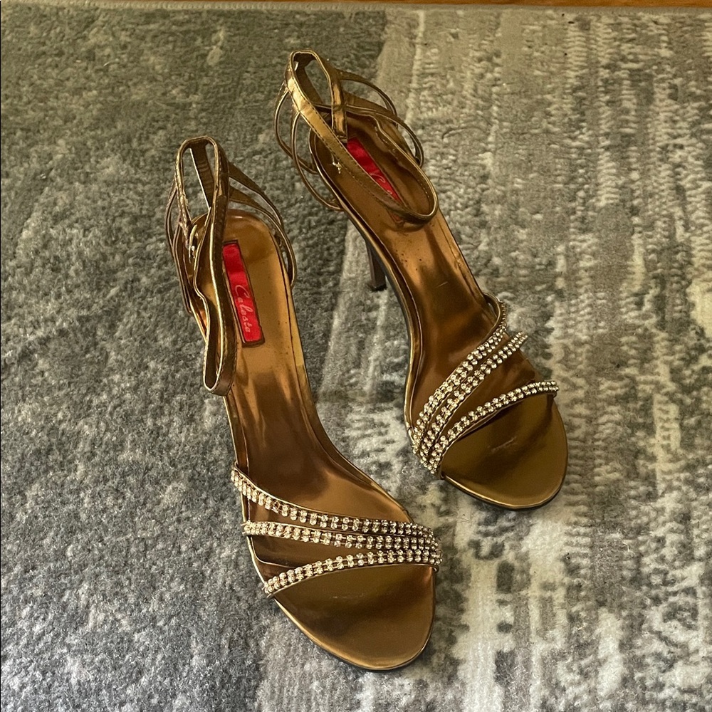 Women's Gold Rhinestone Strappy High Heel Sandals